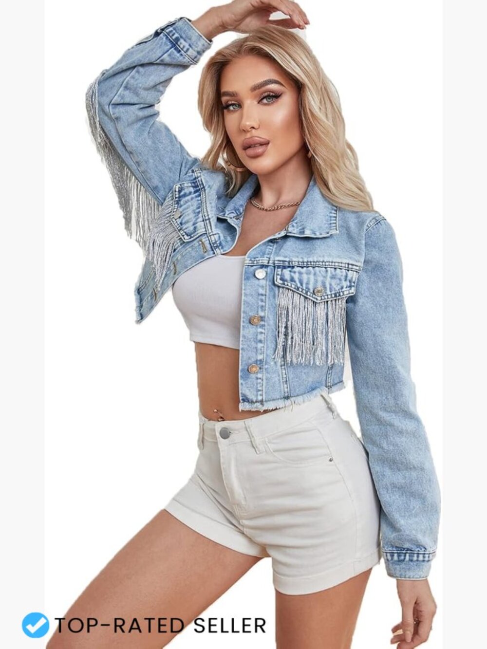 Crop Denim Jacket with Fringe Tassel Boho Western Cowgirl Chic Casual Jean Coat